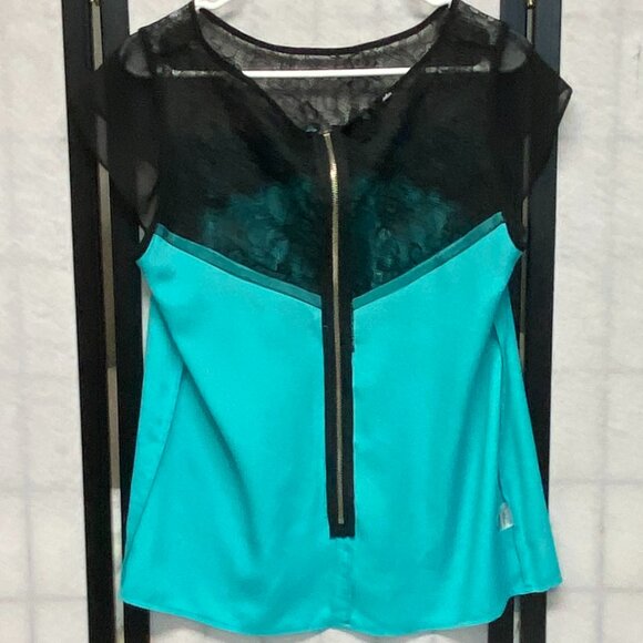 Allen B Allen Schwartz Sheer Lace Bodice Cap Sleeve Back Zip Top Turquoise Black - Picture 6 of 11